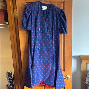VINTAGE Raul Blanco 100% silk Blue and Red Polka Dot Dress. Size 12